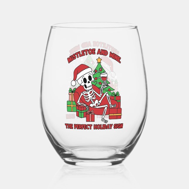 Funny skeleton drinking party Christmas  Stemless Wine Glass (Front)