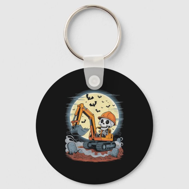 Funny Skeleton Driving Excavator Halloween Constru Keychain (Front)