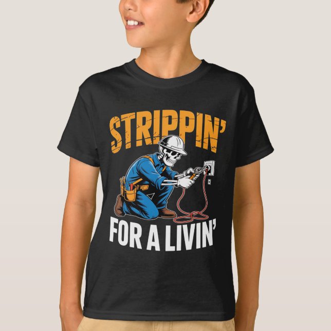 Funny Skeleton Electrician N For A Livin Long Slee T-Shirt (Front)