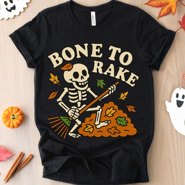 Funny Skeleton Fall Bone to Rake Autumn Halloween Tri-Blend Shirt (Happy Skeleton playing air guitar with rake while raking fall leaves. )