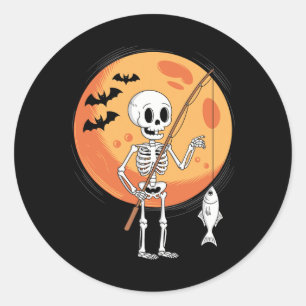 Funny Skeleton Fishing Lovers Moon Spooky Hallowee Classic Round Sticker