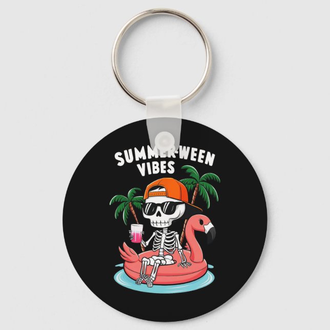Funny Skeleton Flamingo Summerween Vibes Halloween Keychain (Front)