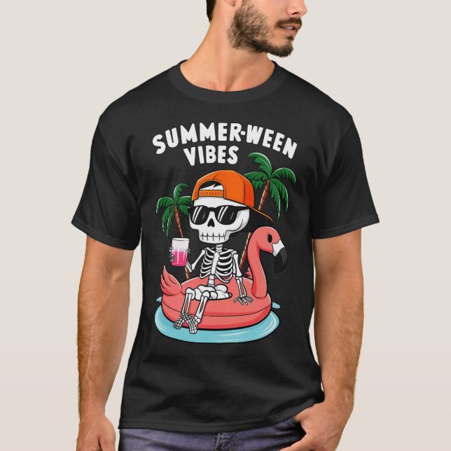 Funny Skeleton Flamingo Summerween Vibes Halloween T-Shirt (Front)