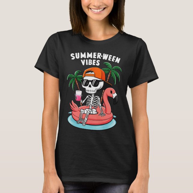 Funny Skeleton Flamingo Summerween Vibes Halloween T-Shirt (Front)