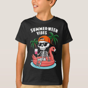 Funny Skeleton Flamingo Summerween Vibes Halloween T-Shirt