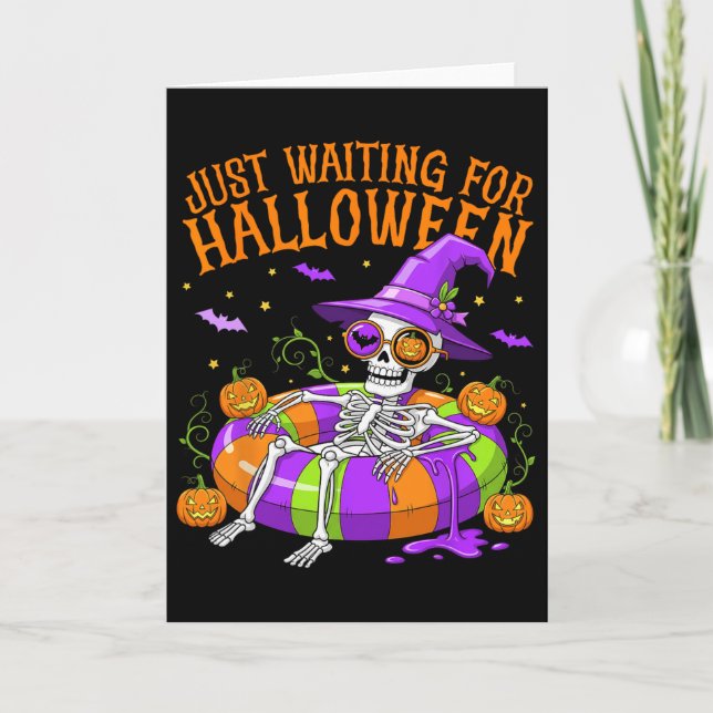 Funny Skeleton Float Just Waiting For Halloween Me Card (Front)