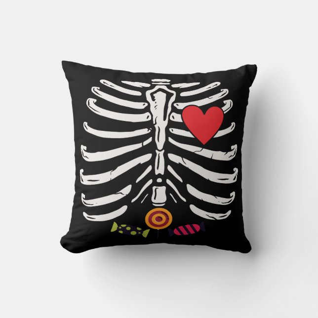 Funny Skeleton Halloween Heart Candies Throw Pillow (Front)