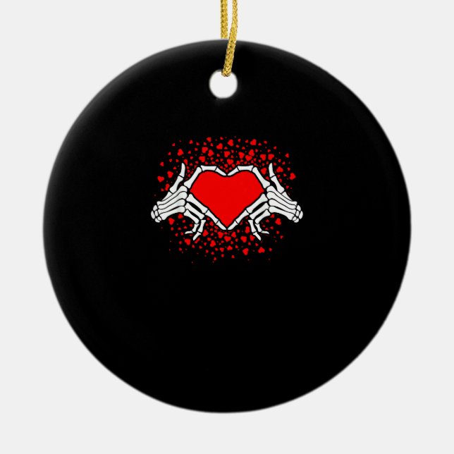 Funny Skeleton Hand Heart Valentines Day Ceramic Ornament (Front)