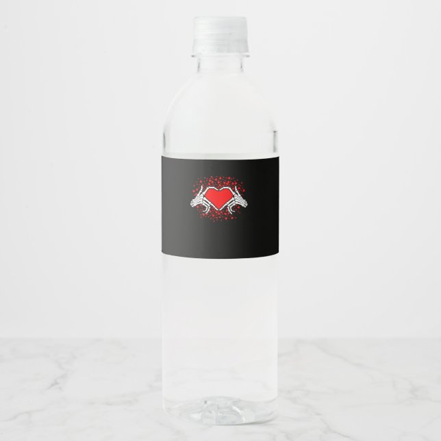 Funny Skeleton Hand Heart Valentines Day Water Bottle Label (Front)