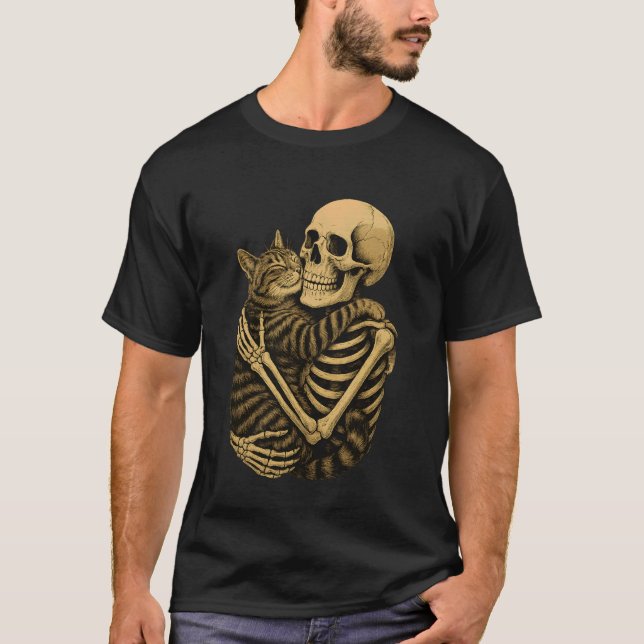 Funny Skeleton Hugging Cat Halloween Cat Lover Cat T-Shirt (Front)