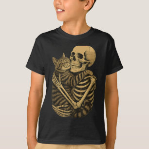 Funny Skeleton Hugging Cat Halloween Cat Lover Cat T-Shirt