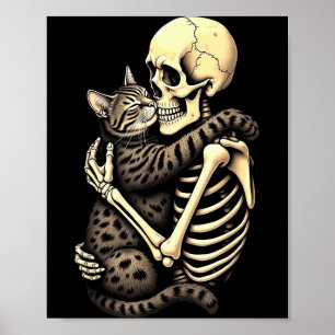 Funny Skeleton Hugging Cat Halloween Cat Lover Mom Poster