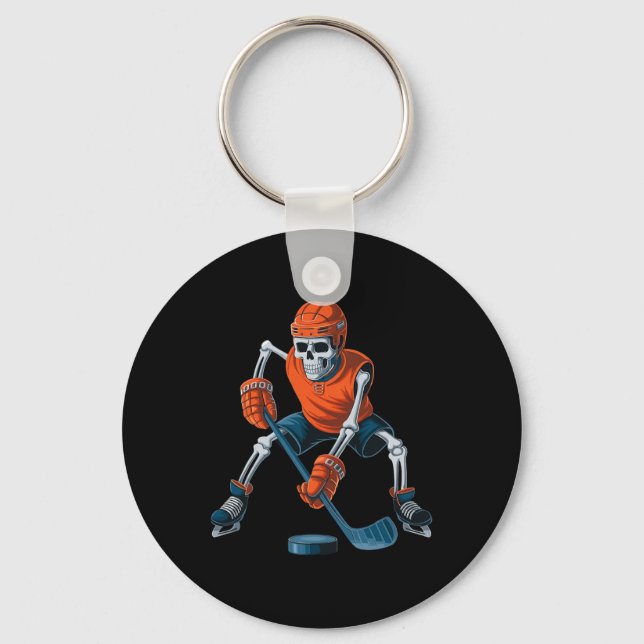 Funny Skeleton Ice Hockey Halloween  Keychain (Front)