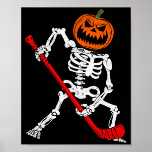 Funny skeleton ice hockey pumpkin halloween poster