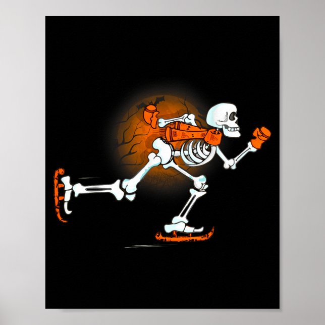 Funny skeleton ice skating halloween skating poster (Front)