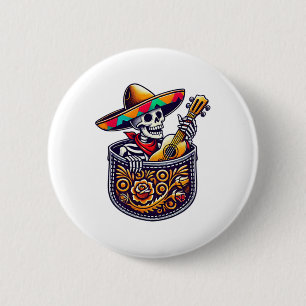 Funny Skeleton Mariachi Guitar Pocket Cinco De May 2 Inch Round Button