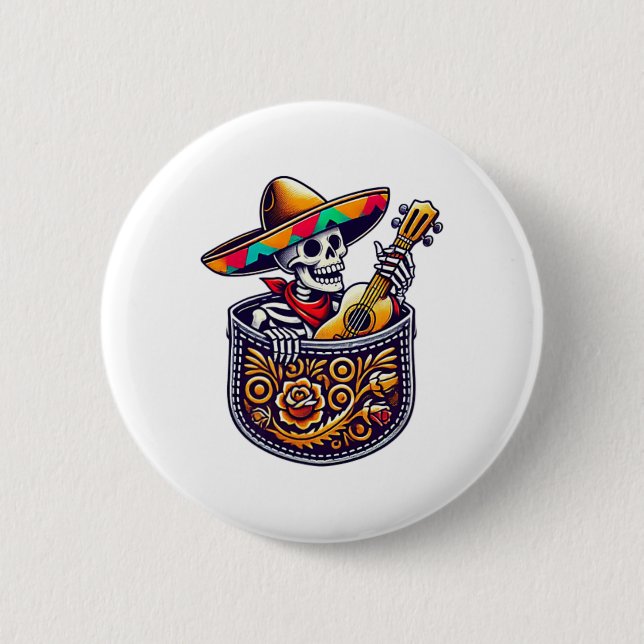 Funny Skeleton Mariachi Guitar Pocket Cinco De May 2 Inch Round Button (Front)