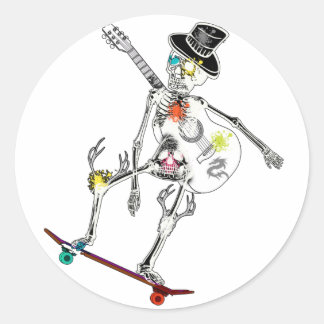 funny skeleton on skateboard and guitar design classic round sticker