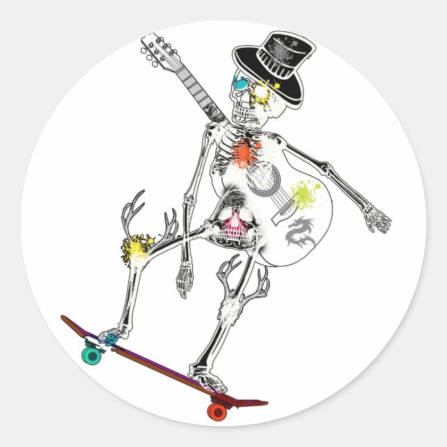funny skeleton on skateboard and guitar design classic round sticker (Front)