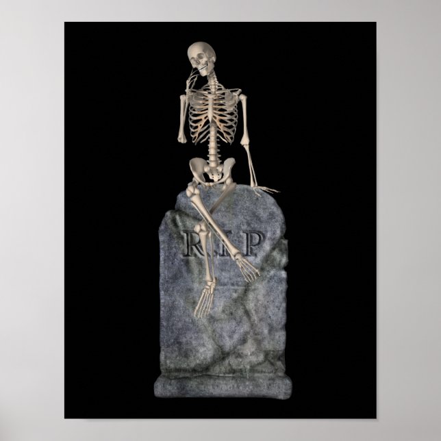 Funny Skeleton On Tombstone Halloween Poster (Front)