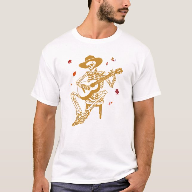Funny Skeleton Playing Guitar with fall Leaves T-Shirt (Front)