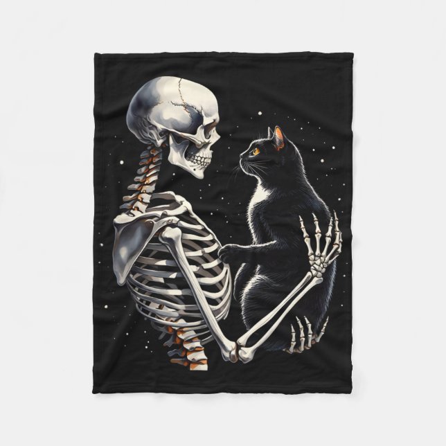 Funny Skeleton Playing With A Cat Graphic Skull Ca Fleece Blanket (Front)