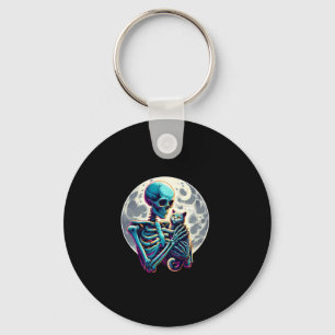 Funny Skeleton playing with A Cute Cat Skull Hallo Keychain