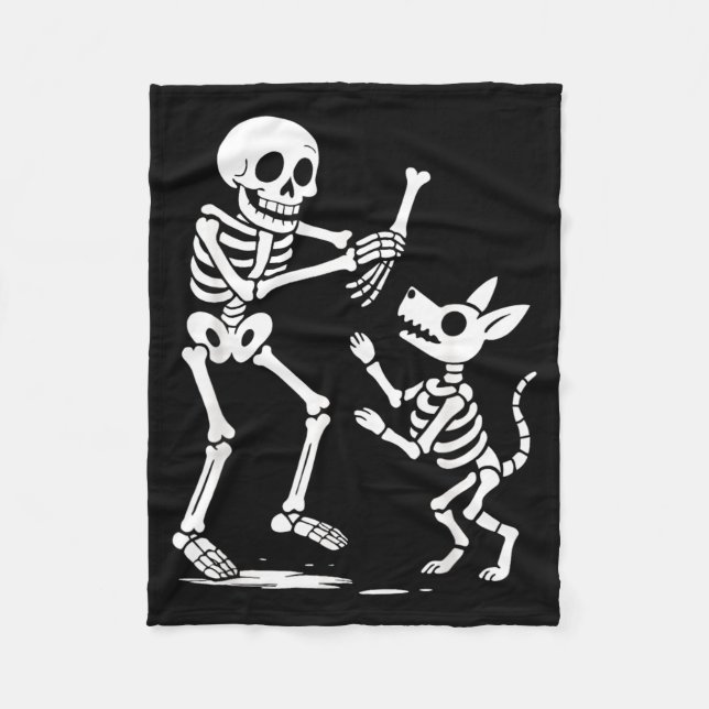 Funny Skeleton Playing With Dog Halloween For Dogs Fleece Blanket (Front)