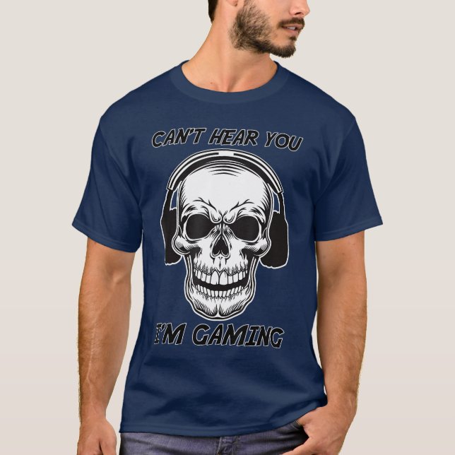 Funny Skeleton Punk Rock Gaming head set I cant he T-Shirt (Front)