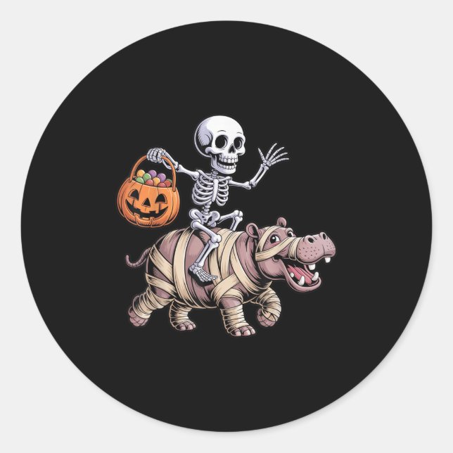 Funny Skeleton Riding Mummy Hip Lovers Halloween C Classic Round Sticker (Front)