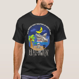 Funny Skeleton riding shark for Halloween on beach T-Shirt