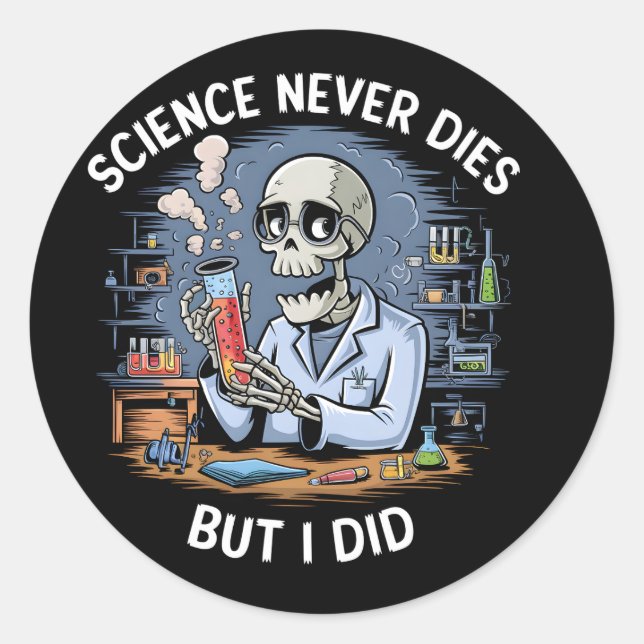 Funny Skeleton Scientist Design Classic Round Sticker (Front)