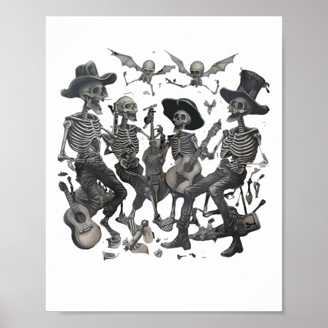 Funny Skeleton Skull Dancing Singing Rock Music Ba Poster (Front)