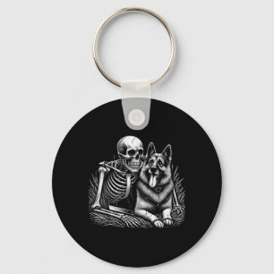 Funny Skeleton Skull With German Shepherd Dog Keychain