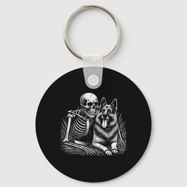 Funny Skeleton Skull With German Shepherd Dog Keychain (Front)