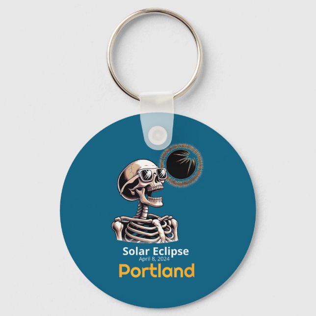 Funny Skeleton Solar Eclipse Portland Indiana Keychain (Front)