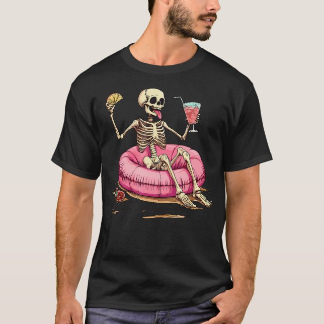 Funny Skeleton Summer Tropical Drink Skeleton T-Shirt (Front)