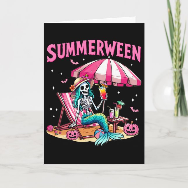 Funny Skeleton Summerween Mermaid Beach Halloween  Card (Front)