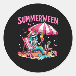 Funny Skeleton Summerween Mermaid Beach Halloween Classic Round Sticker
