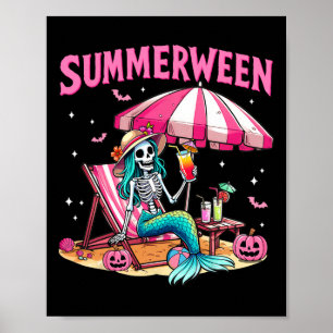 Funny Skeleton Summerween Mermaid Beach Halloween  Poster