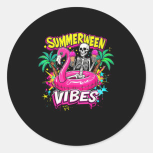 Funny Skeleton Summerween Vibes Flamingo Pool IceC Classic Round Sticker