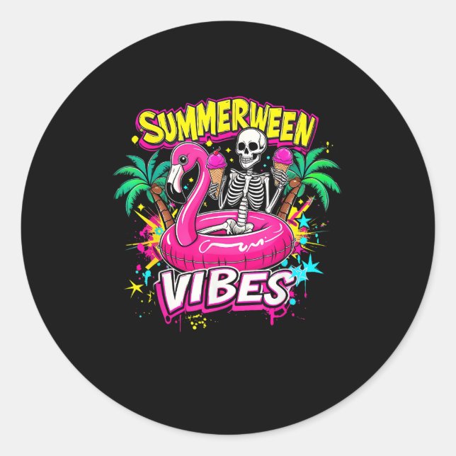 Funny Skeleton Summerween Vibes Flamingo Pool IceC Classic Round Sticker (Front)