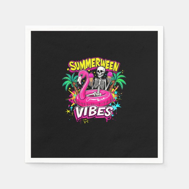 Funny Skeleton Summerween Vibes Flamingo Pool IceC Napkin (Front)