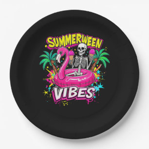 Funny Skeleton Summerween Vibes Flamingo Pool IceC Paper Plate
