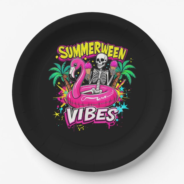 Funny Skeleton Summerween Vibes Flamingo Pool IceC Paper Plate (Front)