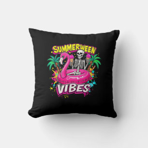 Funny Skeleton Summerween Vibes Flamingo Pool IceC Throw Pillow
