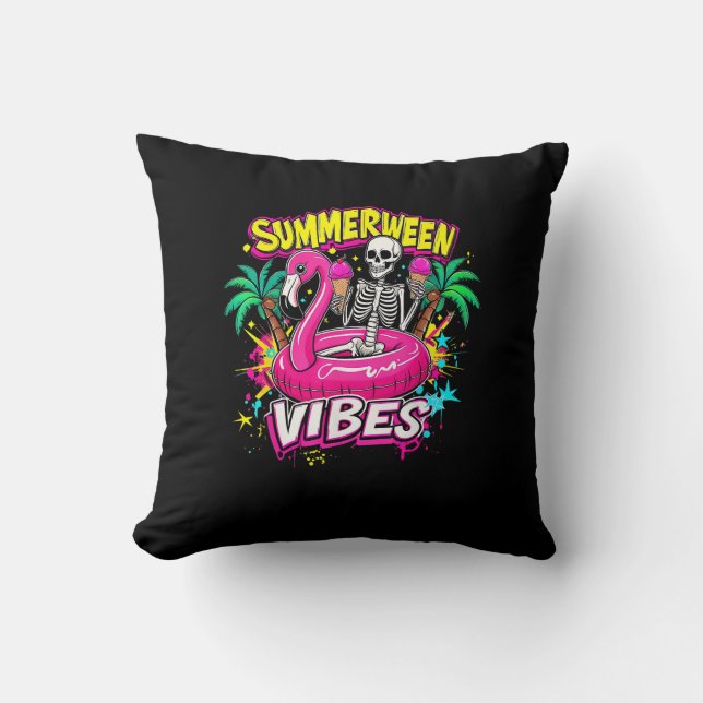 Funny Skeleton Summerween Vibes Flamingo Pool IceC Throw Pillow (Front)