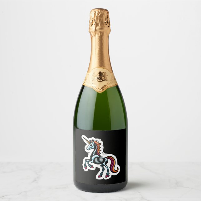 Funny Skeleton Unicorn Lovers Spooky Halloween Cos Sparkling Wine Label (Front)