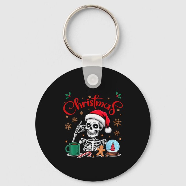 Funny Skeleton Waiting For Christmas Kids Men Wome Keychain (Front)