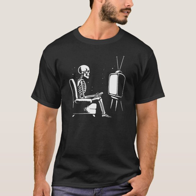 funny skeleton watching television T-Shirt (Front)